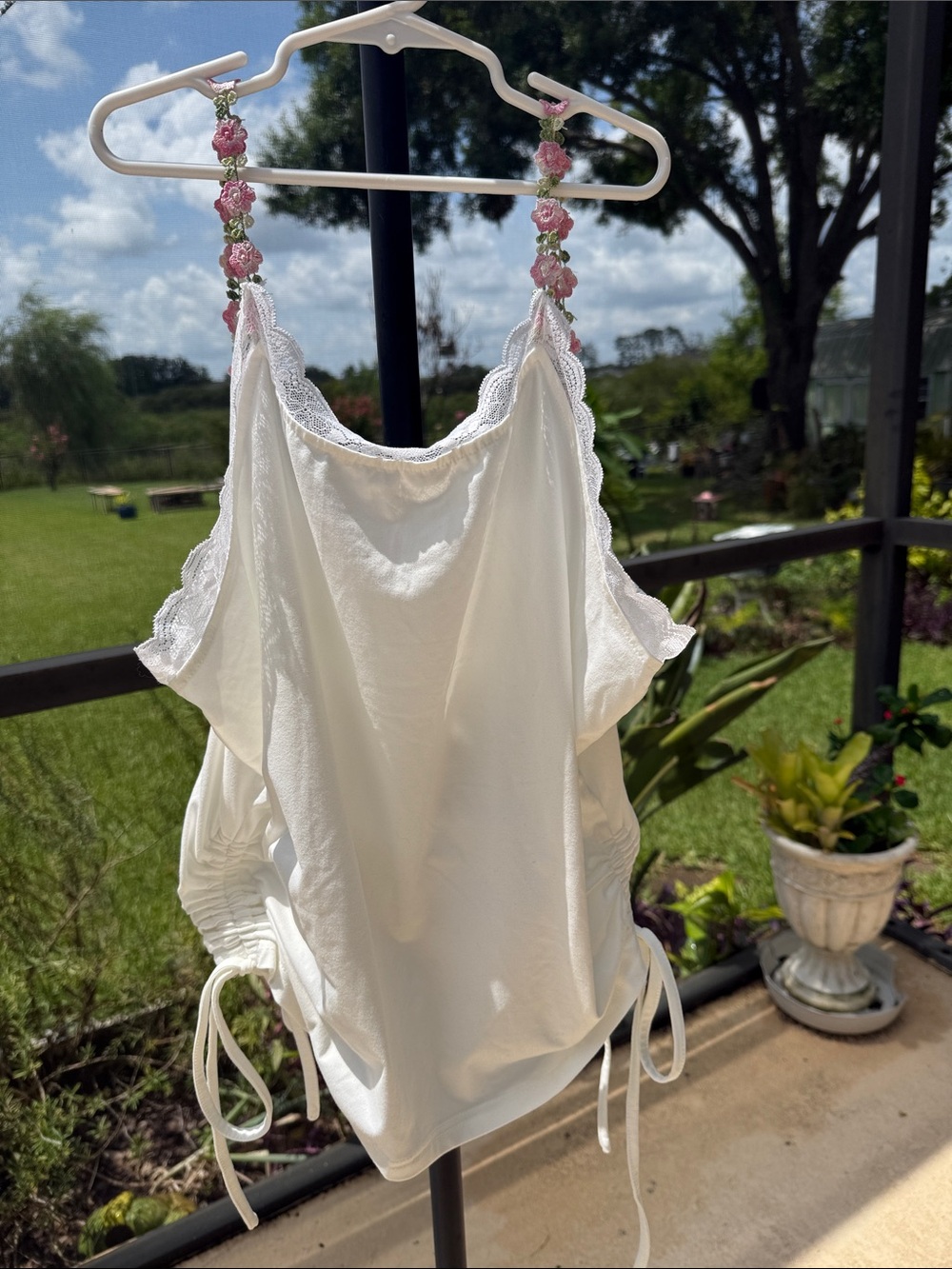White lace trimmed Cami Crop Top with Pink Rose floral Straps